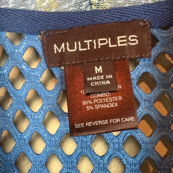 Multiples Blue w/ Multicolored Accents Mesh-Like Open Front Asymmetrical Vest - Picture 8 of 10